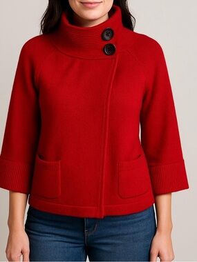 Jones New York Luxe Red Wrap High Neck Fine Merino Wool Sweater Size M